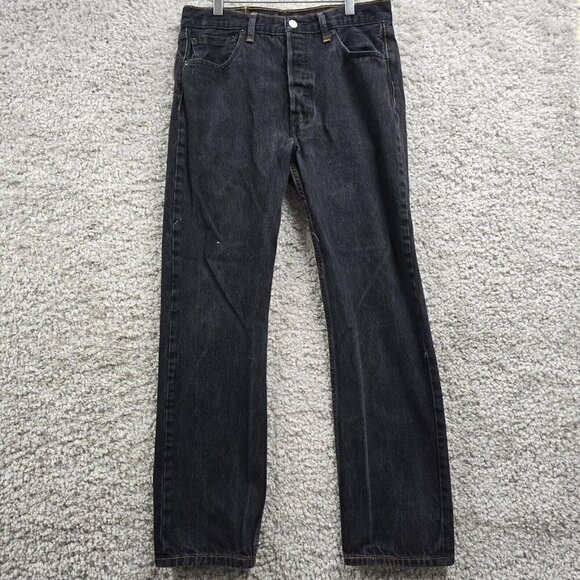 Levis 501‎ Jeans Mens 33x32 (Fits 30x30) Black Straight Button Fly Biker Denim - Picture 1 of 15